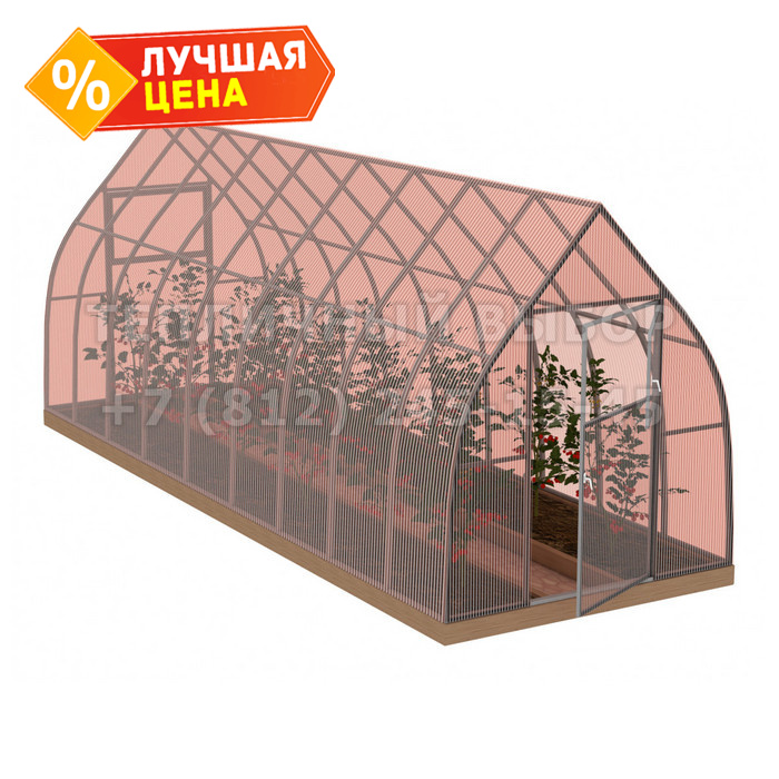 Теплица из поликарбоната-фито Усиленная Капелька 2,1х8 h=2.3 м профиль 25х25 мм